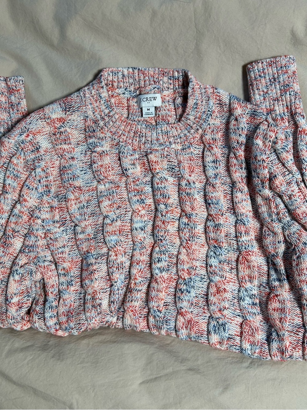 J. Crew Cable Knit Crewneck Sweater - Red, White & Blue.